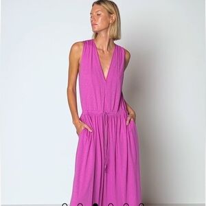 Nation LTD Fushia Pink V-Neck Pima Cotton Sleeveless Sundress, Drawstring Waist.